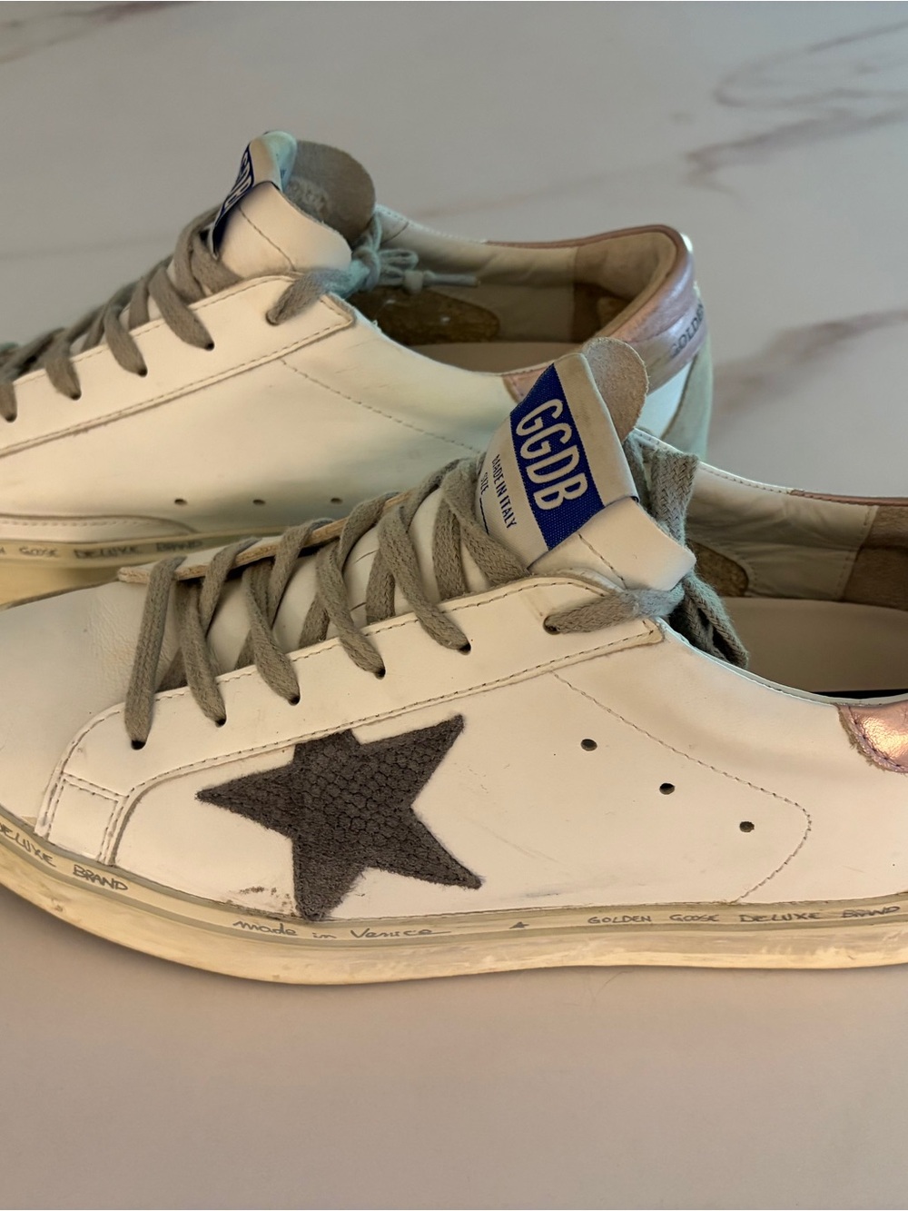 Golden Goose White Leather Sneakers with Gray Star and Metallic Pink Heel